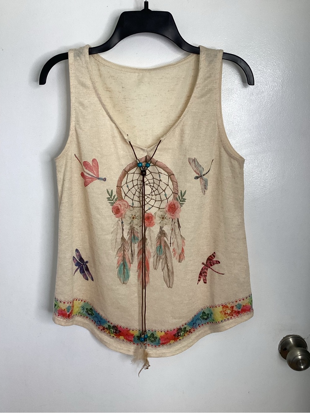 Native Cream Dreamcatcher Tank with Multicolor Floral Border L